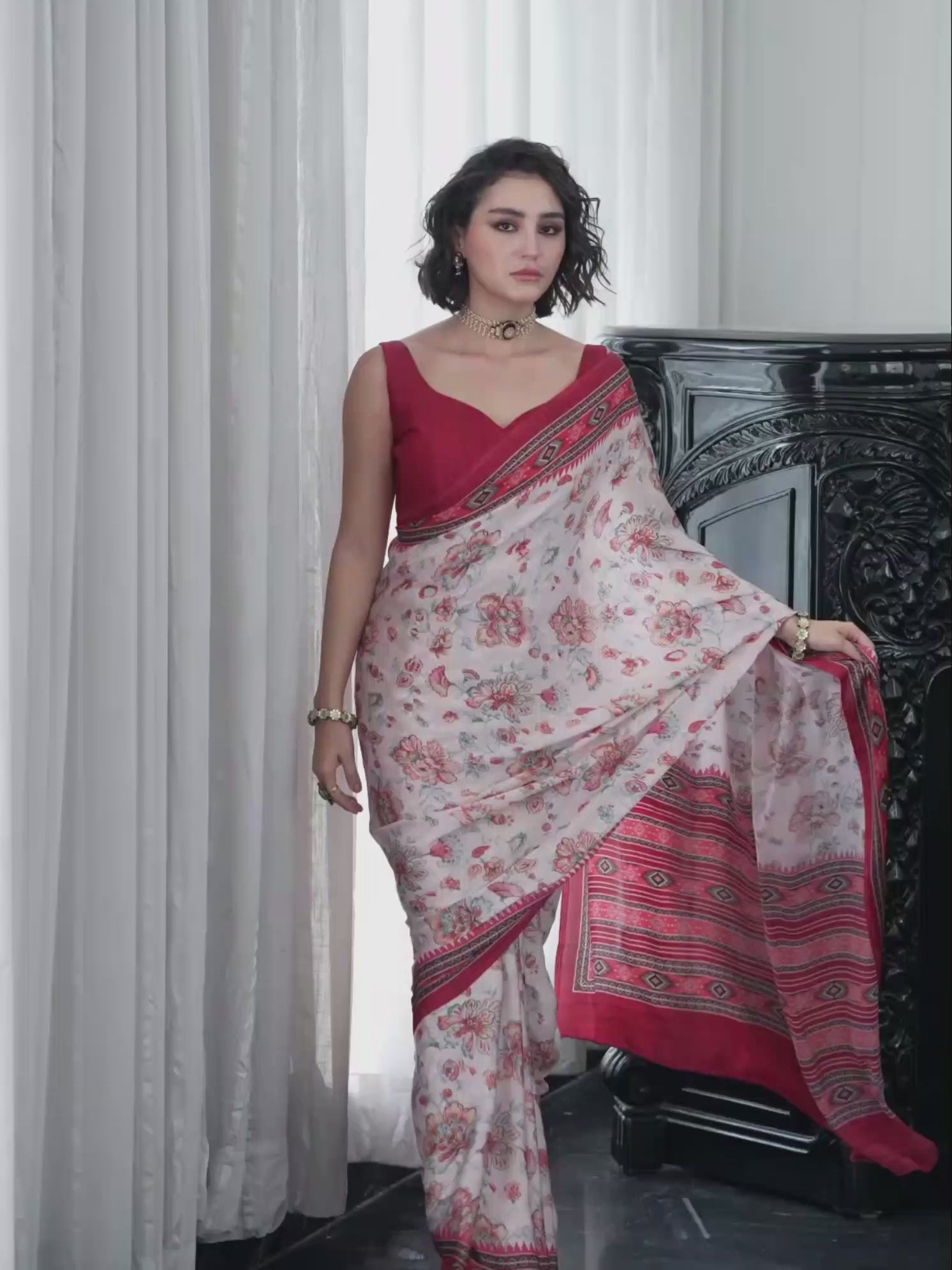 Wine Red Floral Satin Georgette Saree