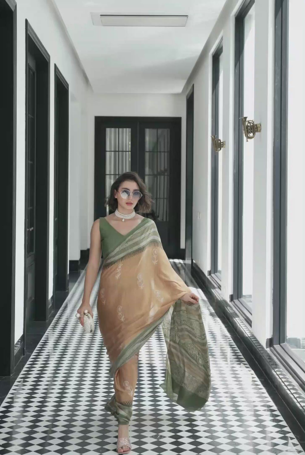 Modal Silk Ethnic Motif Olive Gold Saree