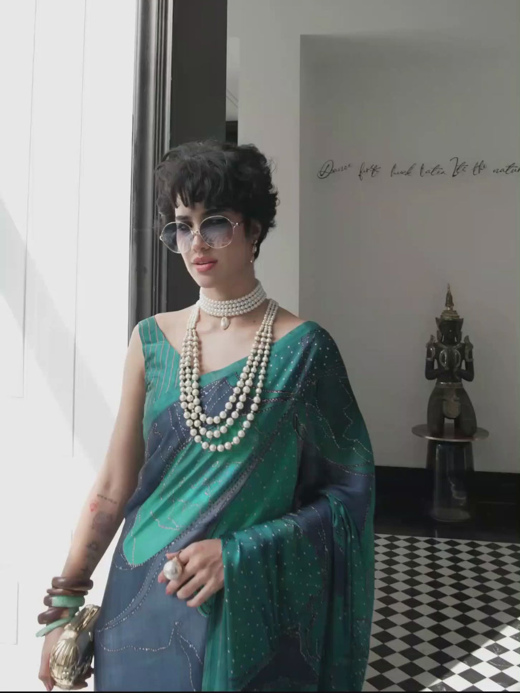 Teal Green Abstract Satin Georgette Saree