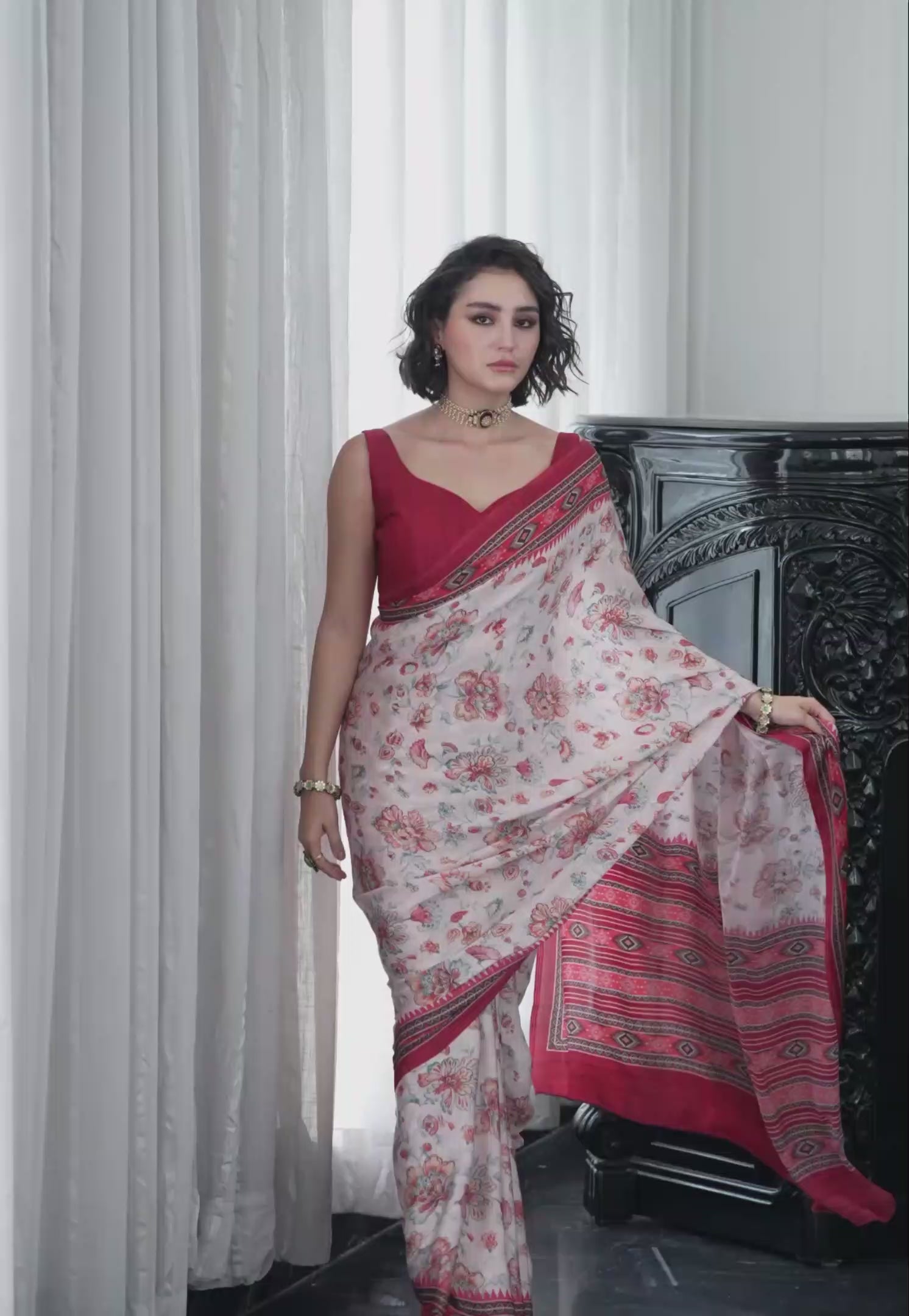 Sheen Floral Wine Red Saree