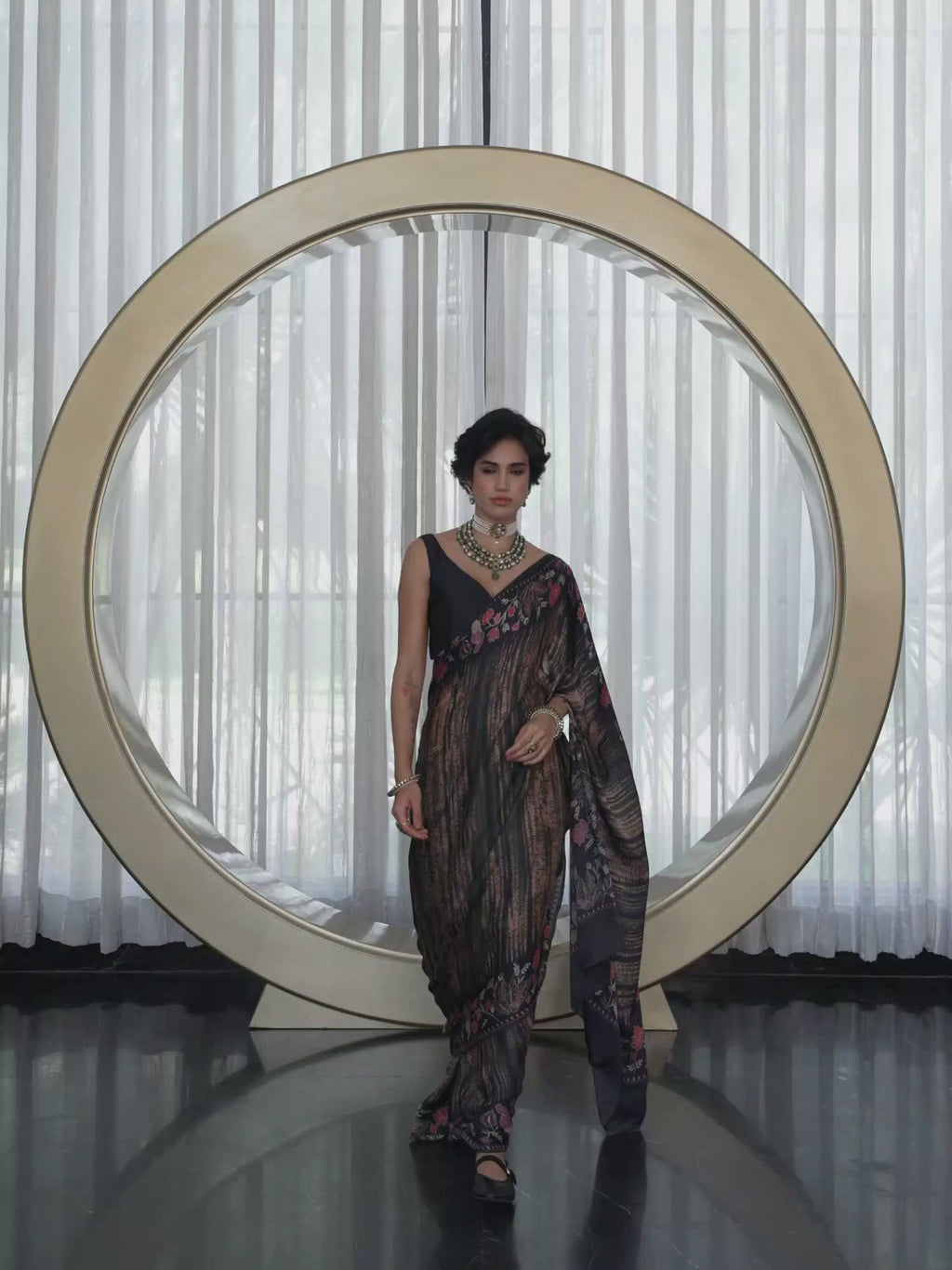 Olive Brown Fusion Floral Satin Georgette Saree