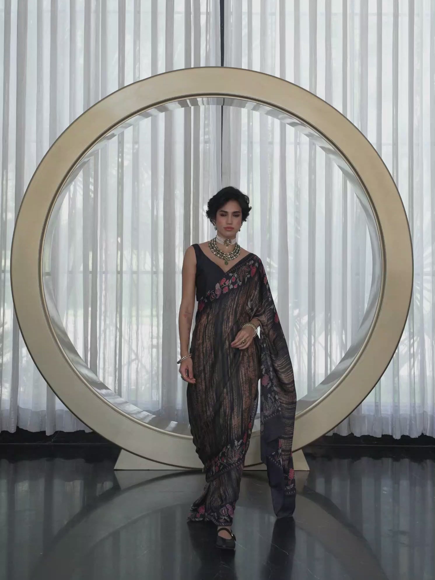 Olive Brown Fusion Floral Satin Georgette Saree