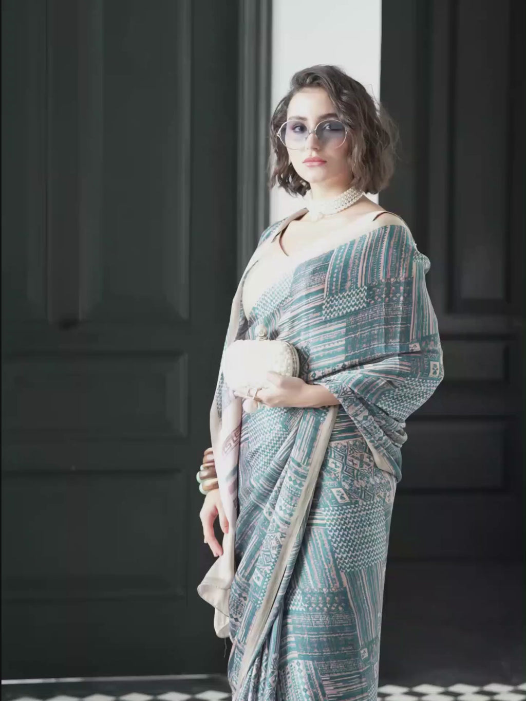 Grey Blue Abstract Satin Georgette Saree