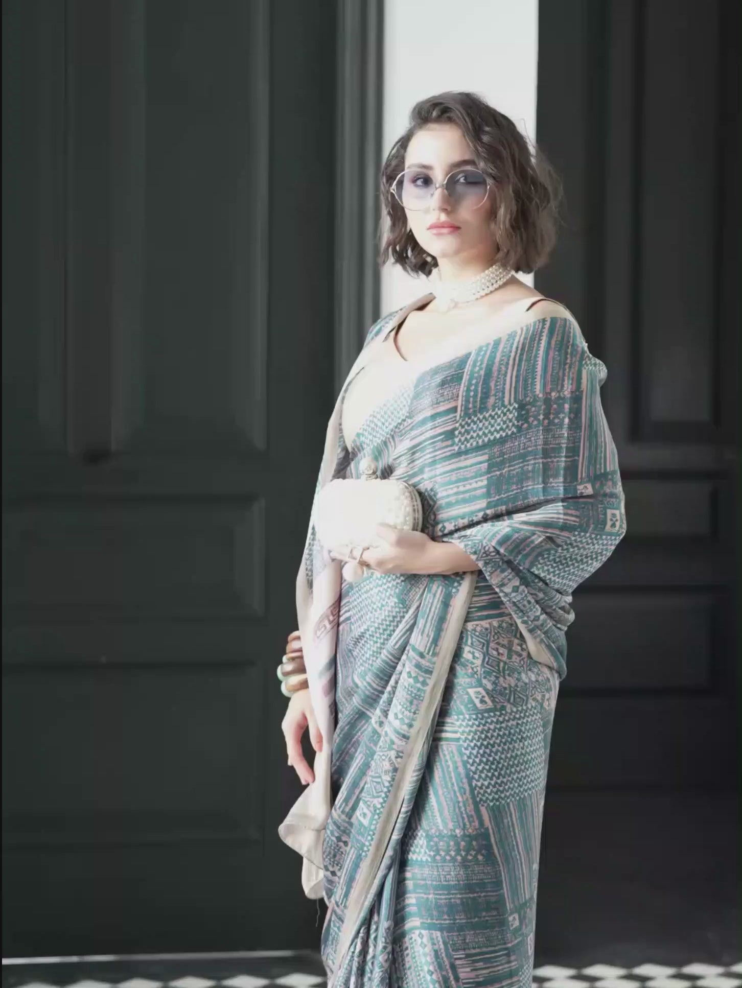 Modal Silk Abstract Grey Blue Saree