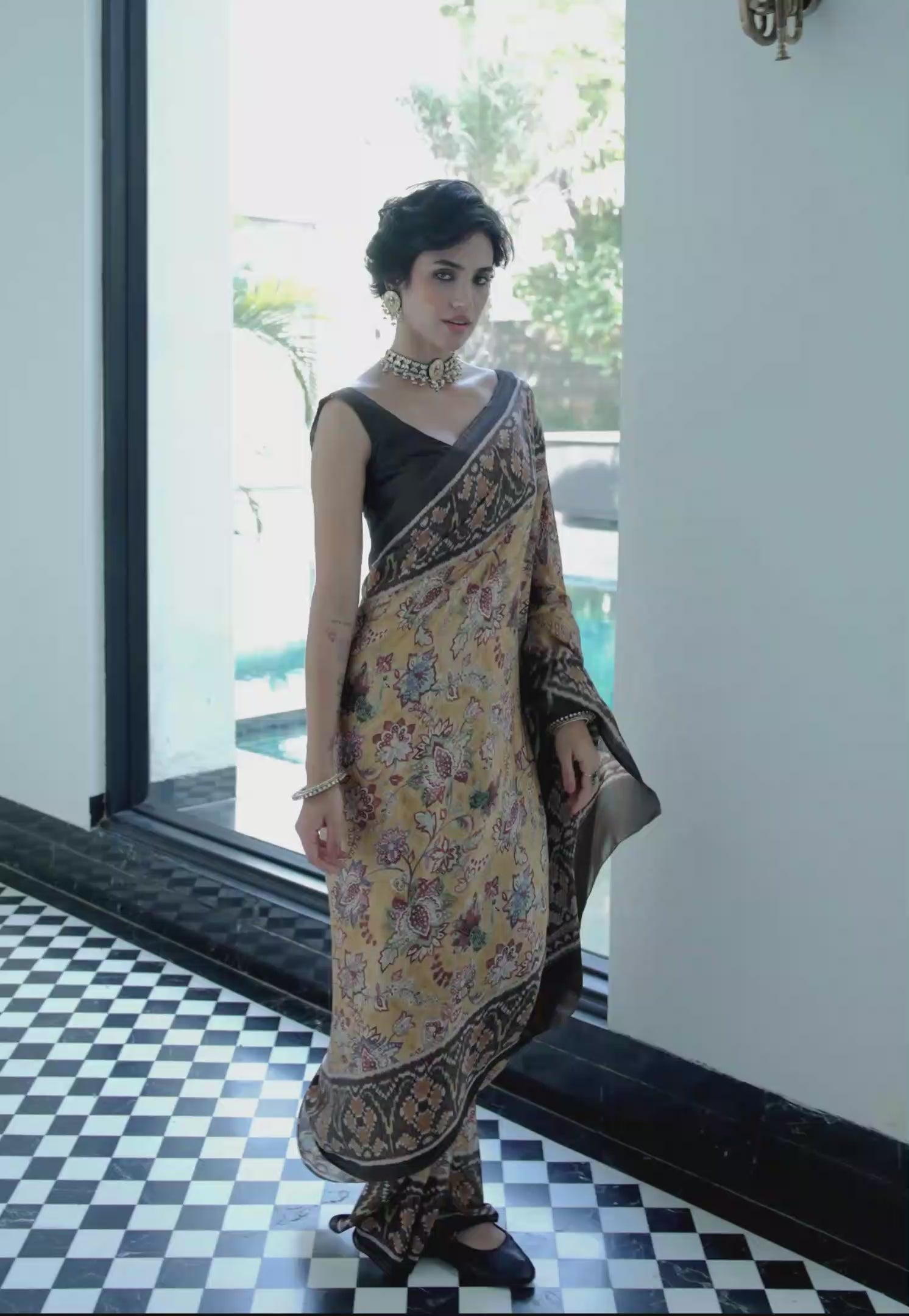 Modal Silk Fusion Floral Antique Gold Saree