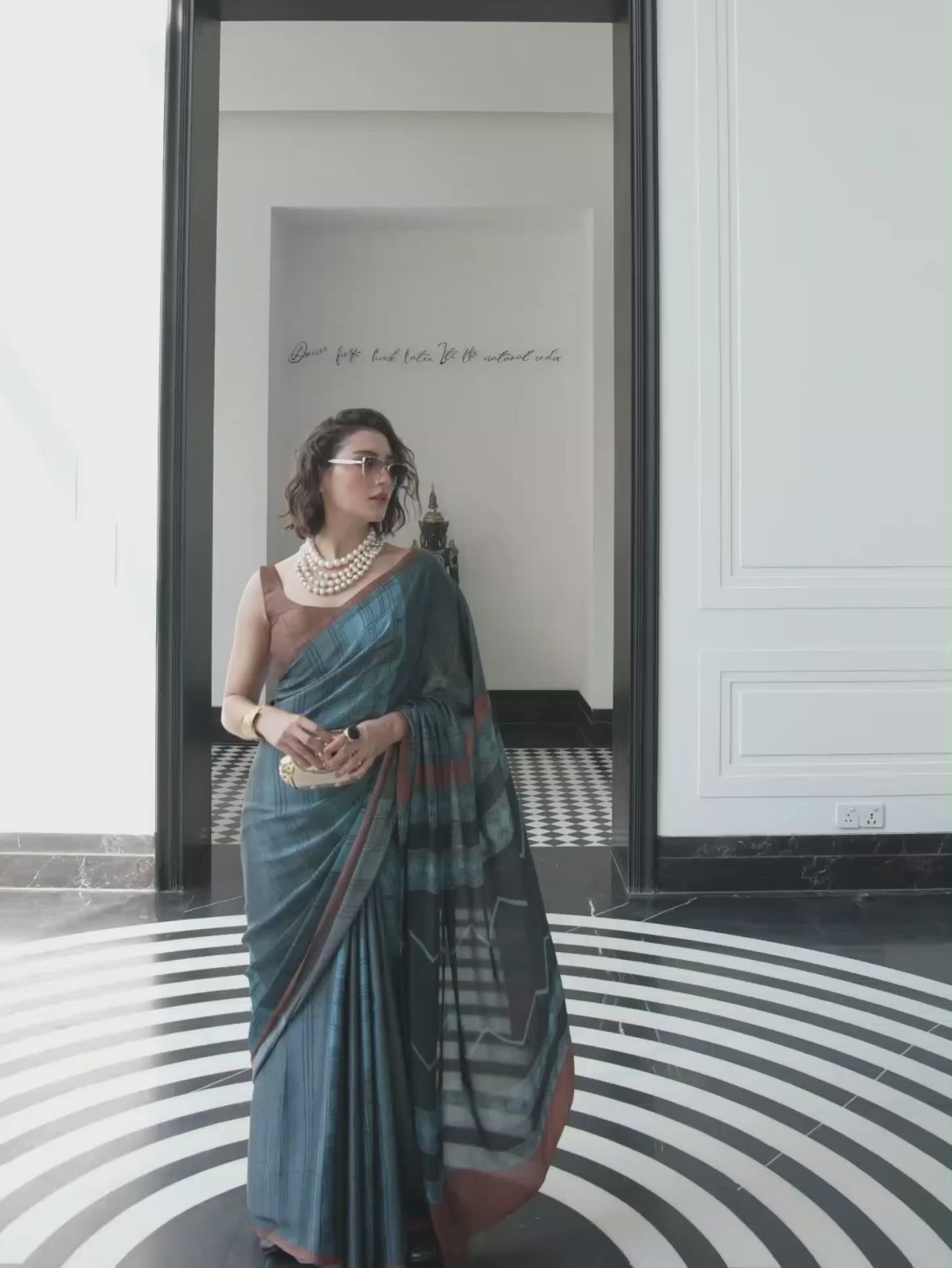 Steel Blue Geometric Satin Georgette Saree