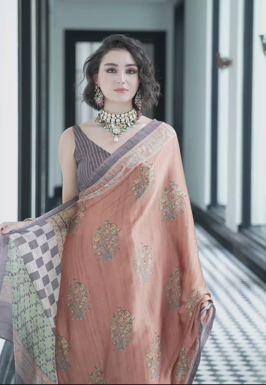 Sheen Mughal Motif Caramel Brown Saree