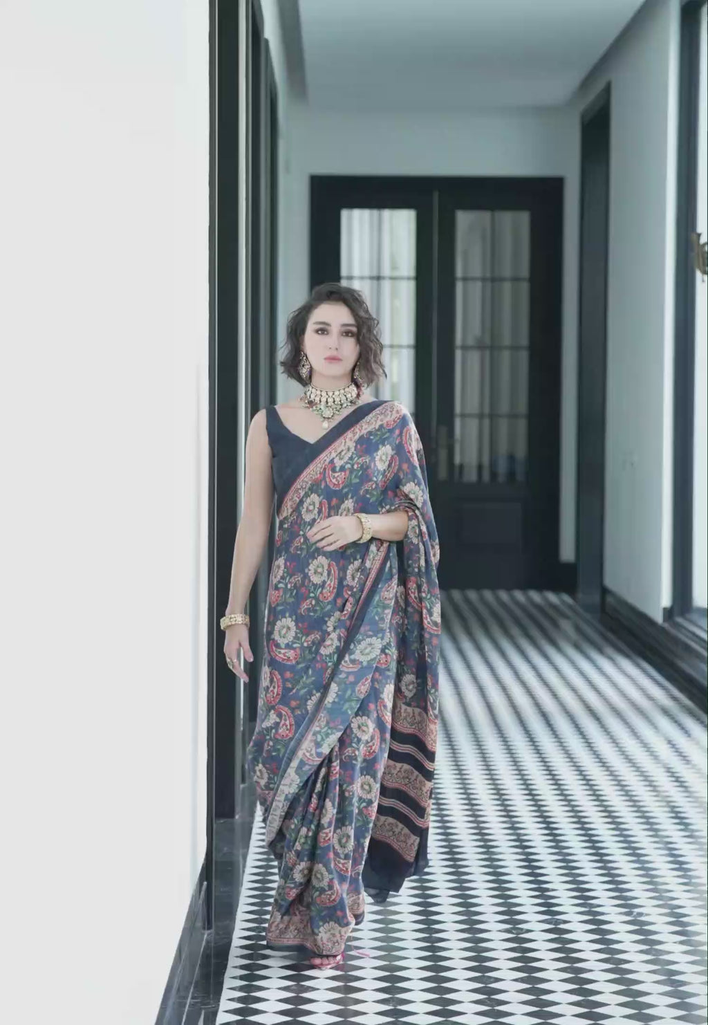 Modal Silk Fusion Floral Indigo Blue Saree