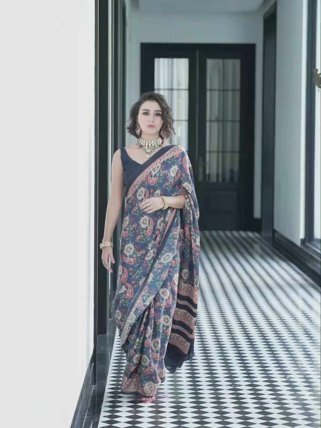 Indigo Blue Fusion Floral Satin Georgette Saree