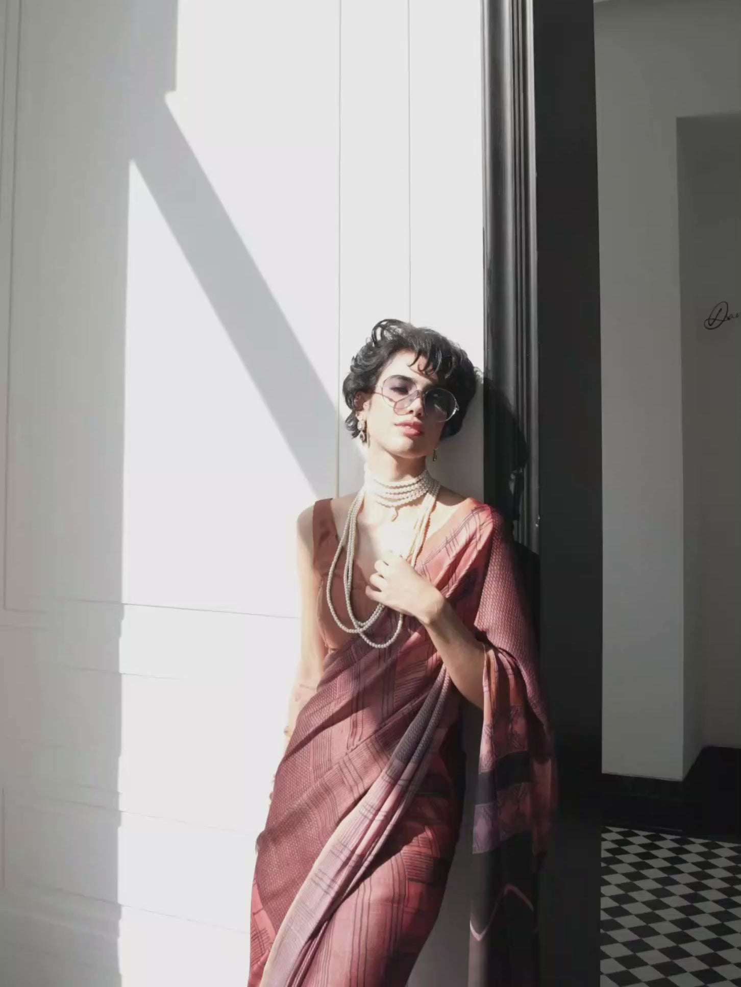 Copper Brown Geometric Satin Georgette Saree