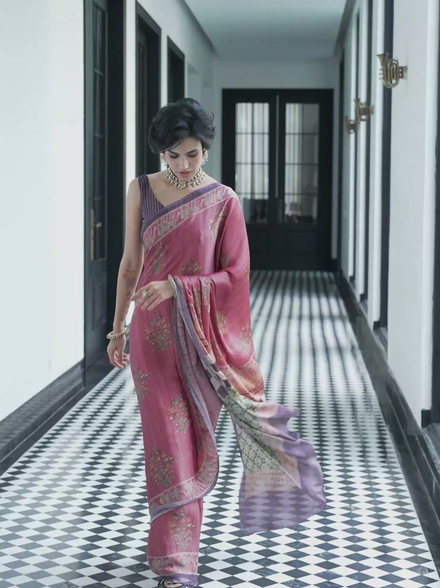 Dusty Rose Mughal Motif Satin Georgette Saree