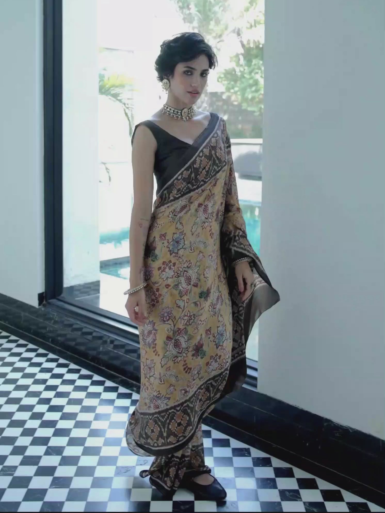 Modal Silk Fusion Floral Antique Gold Saree