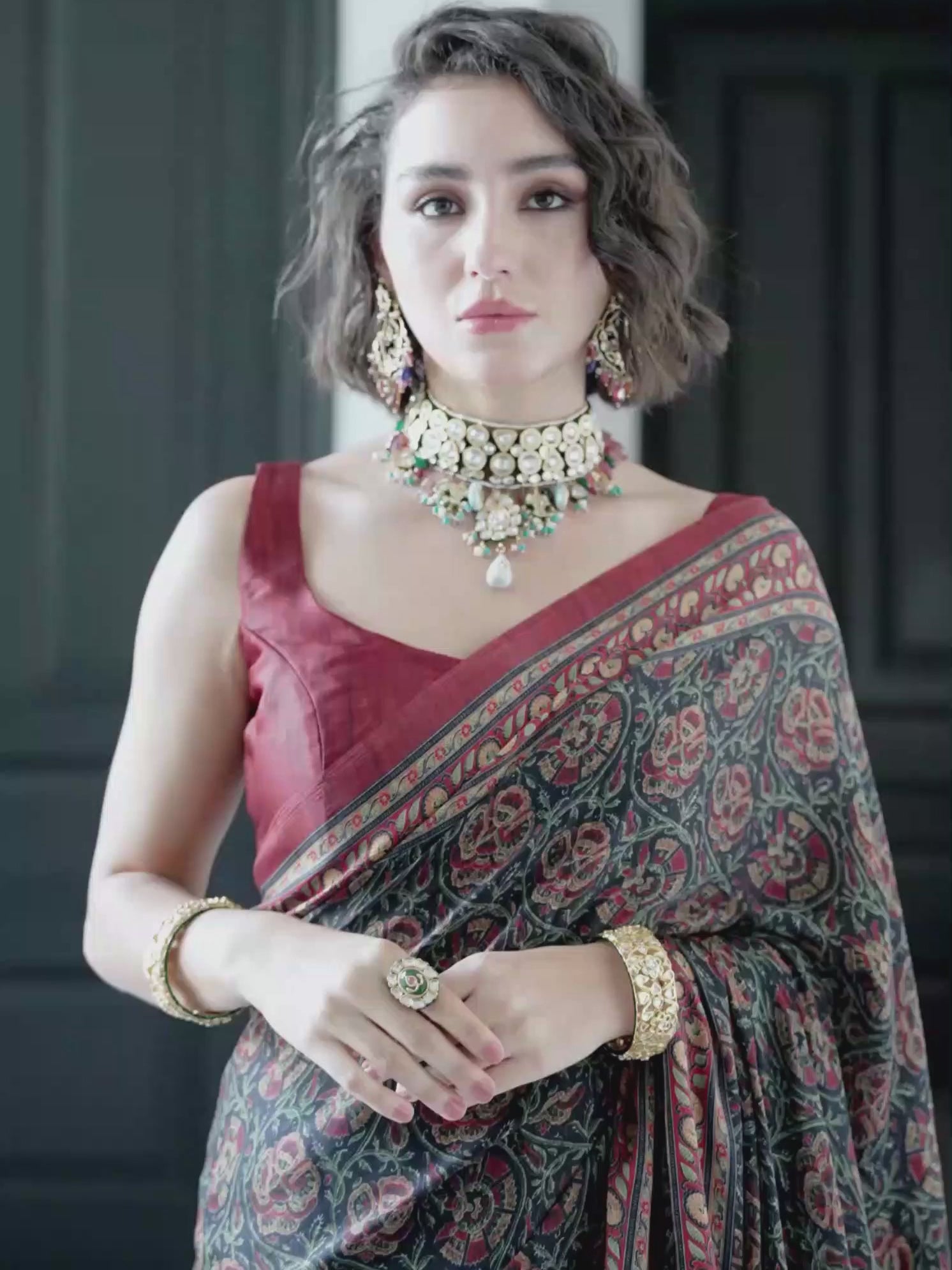 Rust Maroon Botanical Print Satin Georgette Saree