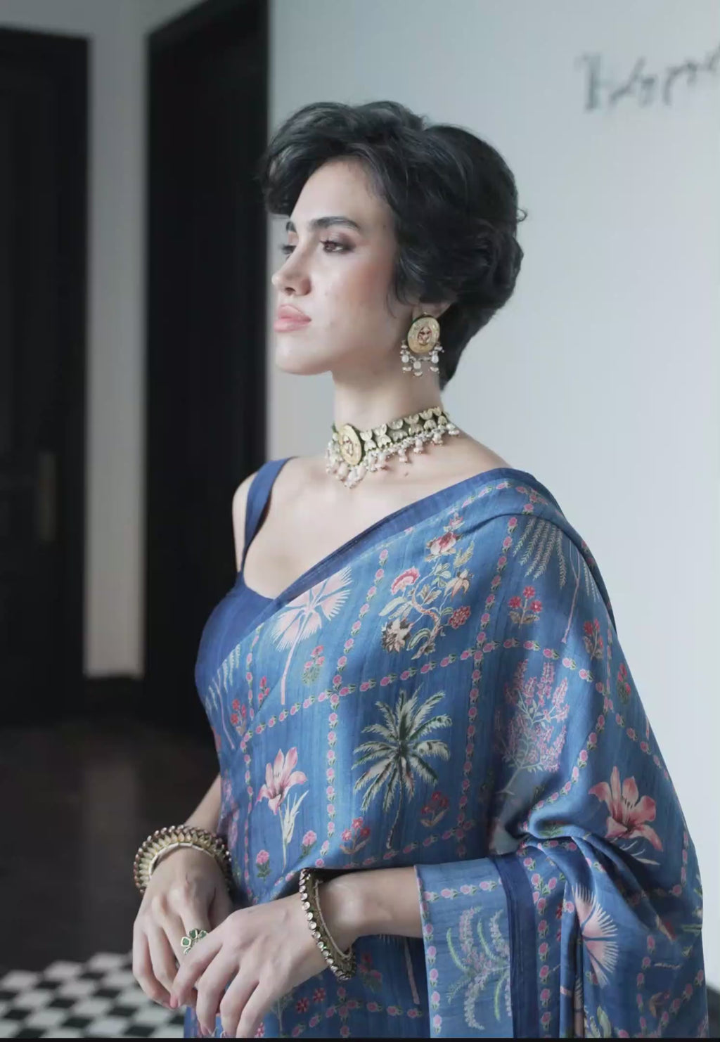 Sheen Botanical Slate Blue Saree