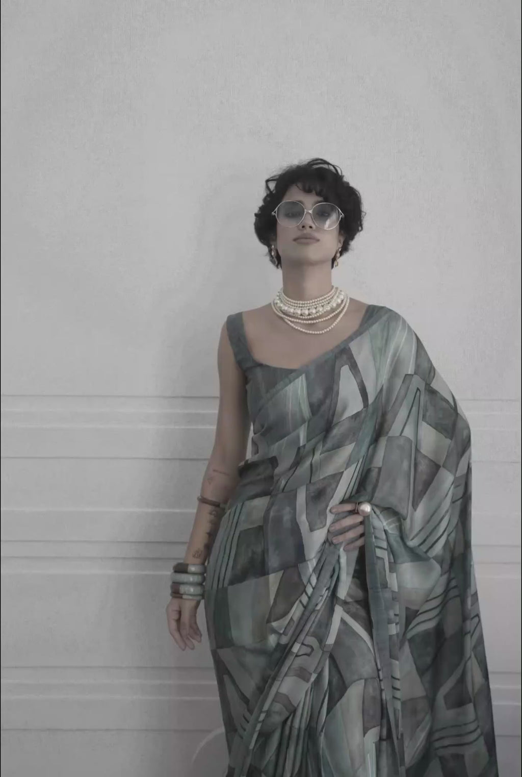 Sheen Abstract Aqua Blue Saree