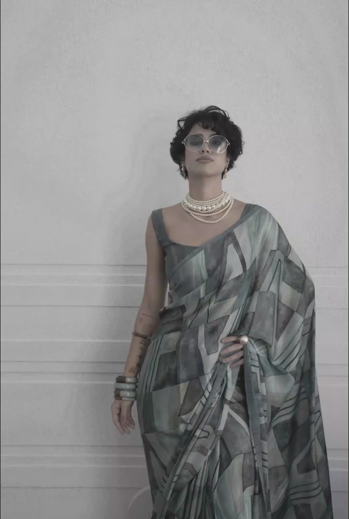 Sheen Abstract Aqua Blue Saree